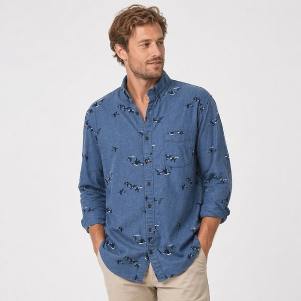 Blake Shelton Lands End Blue Flying‎ Geese Button Shirt LT